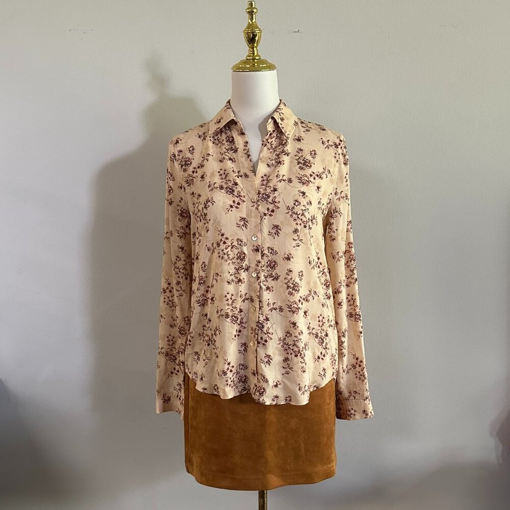 L’AGENCE Floral Viscose Blouse XS Cream Brown Button Down Long Sleeve Top